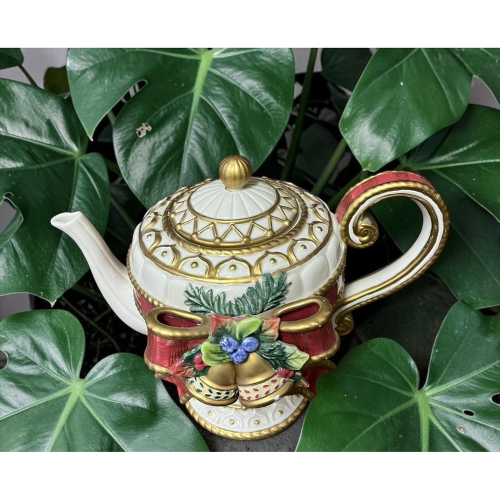 Fitz & Floyd Christmas Deer Teapot Red Ribbon Tassels Gold Accents Holly Vintage